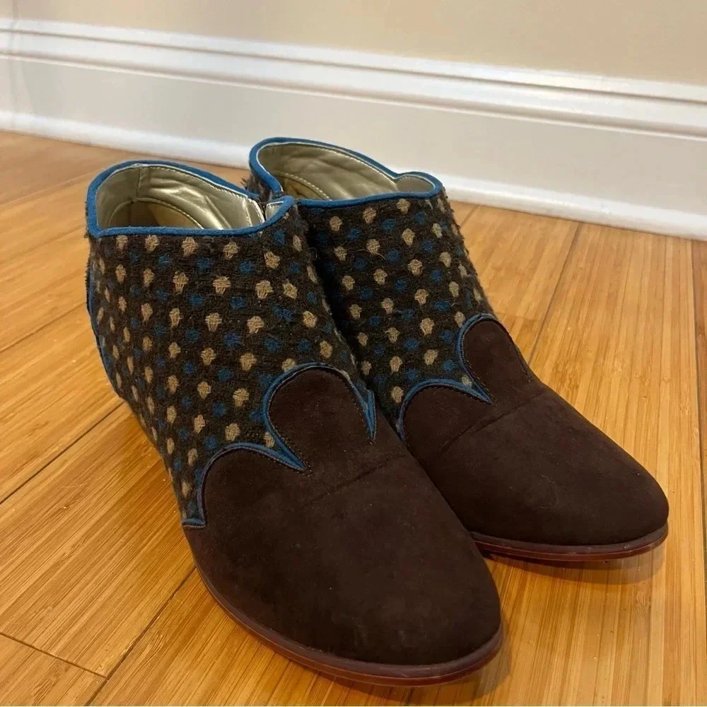 RUBY SHOO Juliette Artsy Boho Suede Wool Cowgirl Polka Dot Booties
